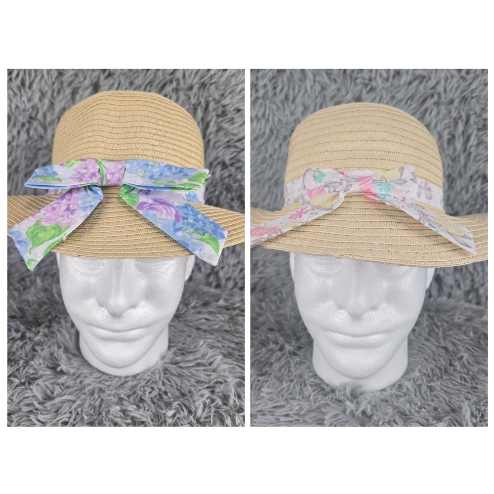 Unbranded Set of 2 OSFM‎ Beige Colorful Ribbon Easter Floral Holiday Sun Hat